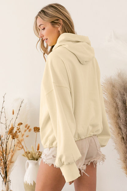 Beige Ribbed Trim Kangaroo Pocket Zipped Hoodie