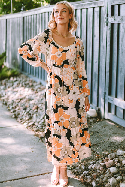 Tie Waist Puff Sleeve Bold Floral Maxi Dress