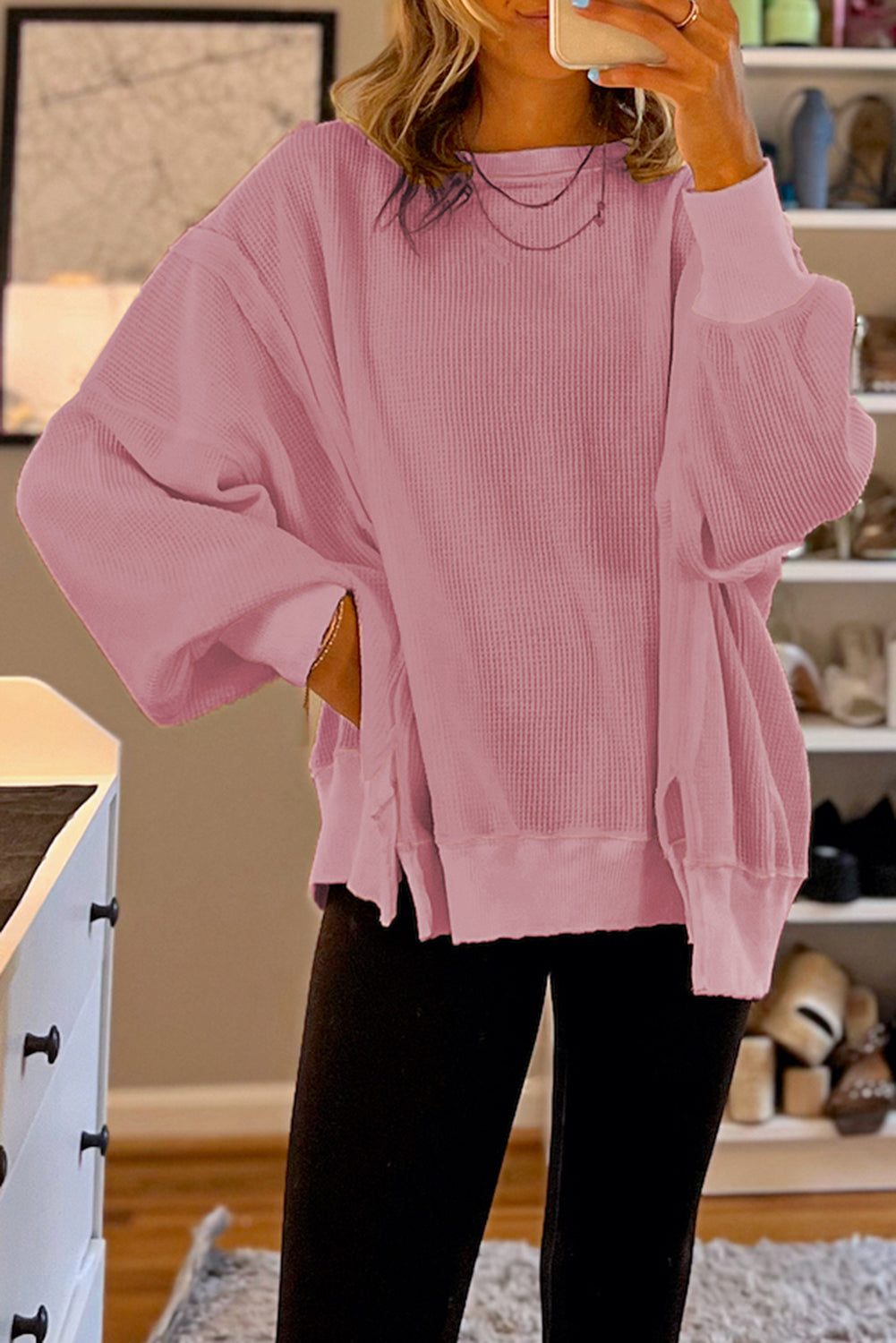 Pink Waffle knit Bishop Sleeve Split Oversized Top