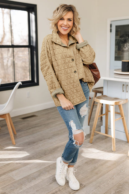 Khaki Quilted Button Front Funnel Neck Jacket