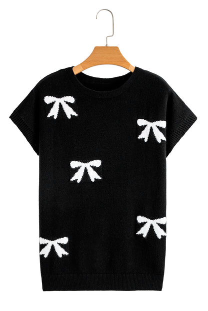 Black Bow Pattern Knit Short Sleeve Sweater
