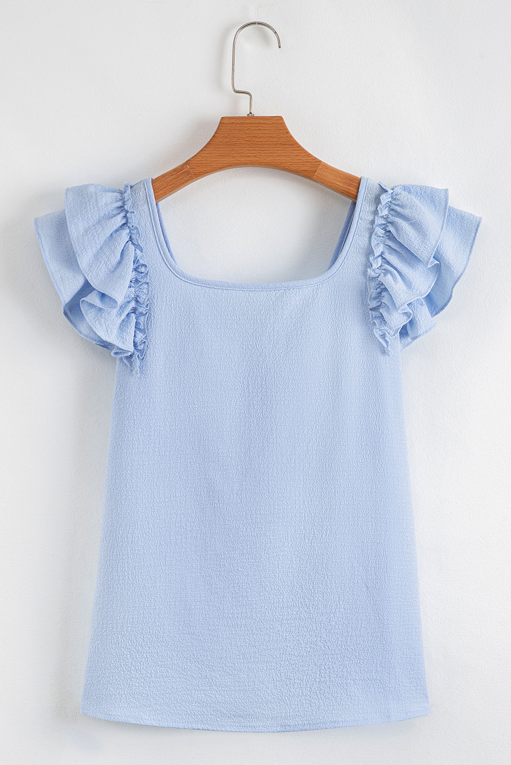 Beau Blue Textured Bow Knot Frilled Butterfly Sleeve Blouse