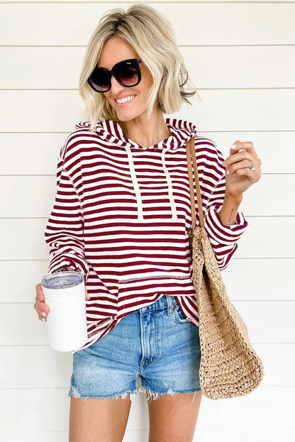 Burgundy Stripe Kangaroo Pocket Drawstring Hoodie