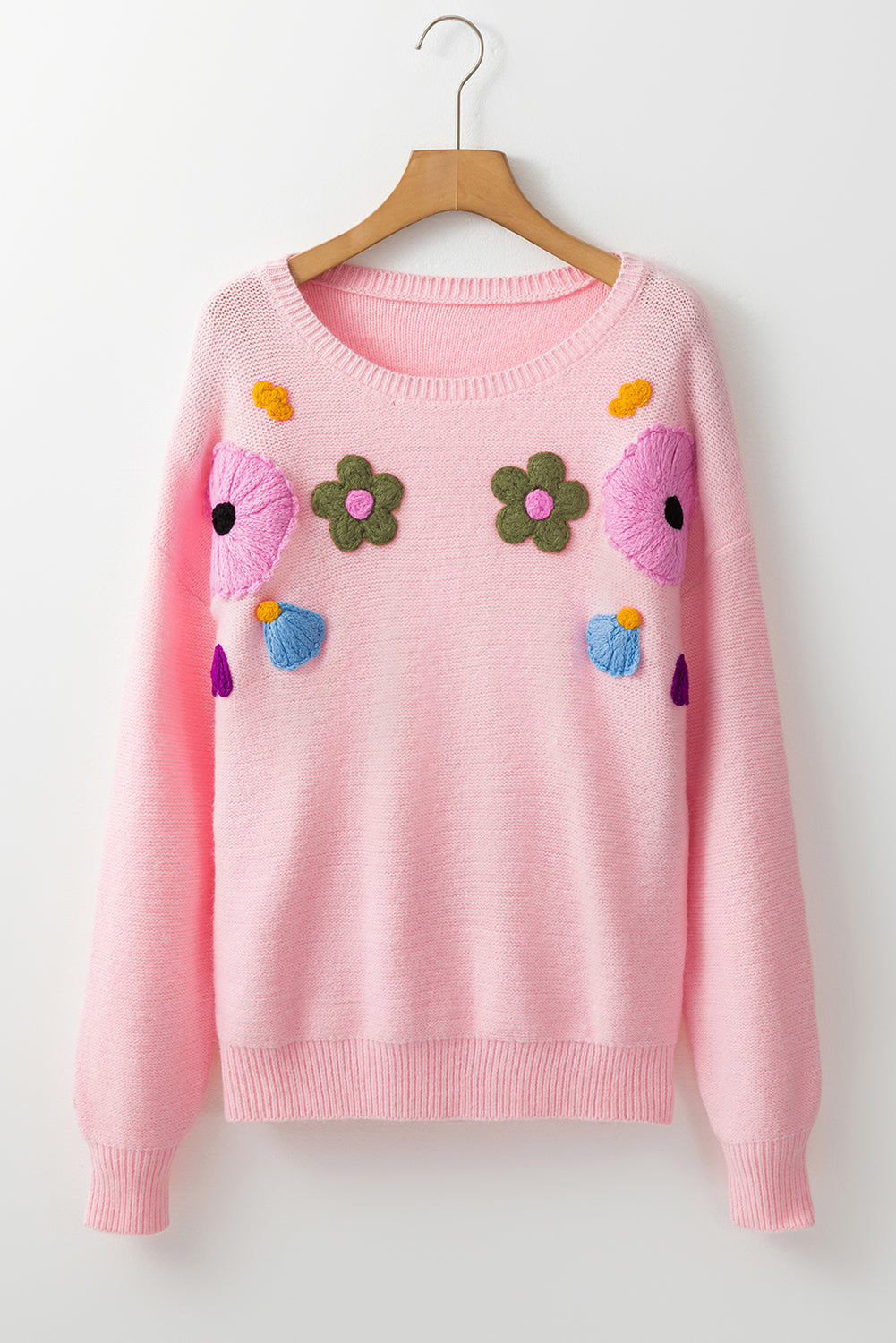 Pink Knitted Flower Pattern Ribbed Edge Sweater