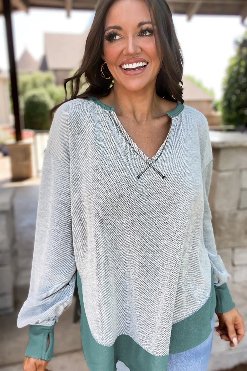 Laurel Green Exposed Seam Contrast Edge Notched Neck Sweatshirt