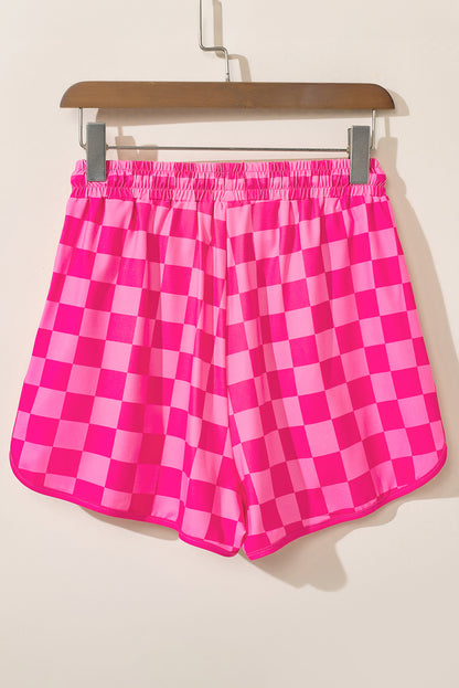 Rose Checkered Drawstring Elastic Waist Casual Shorts