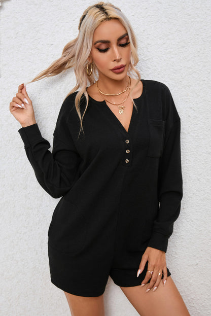 Black Brushed Ribbed Button Split V Neck Long Sleeve Romper