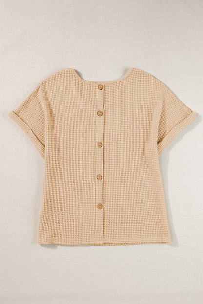 Oatmeal Textured Knit Button Back Cuffed Sleeve Tee