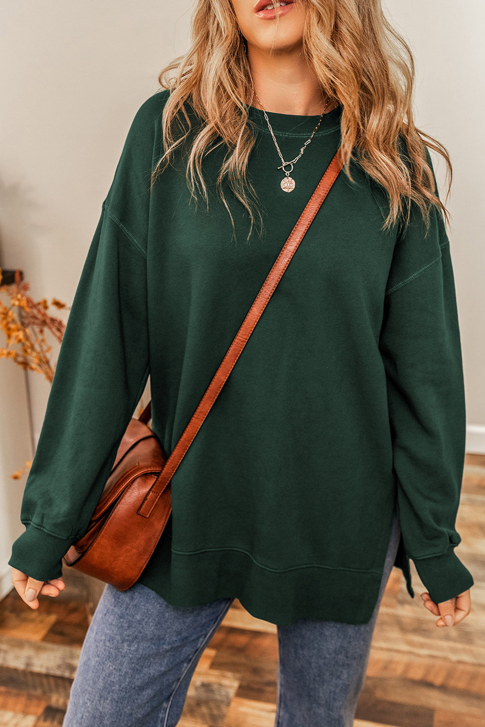 Duffel Green Oversized Drop Shoulder Split Hem Sweatshirt