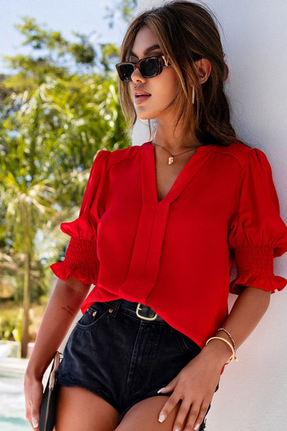 Fiery Red Solid Color Half Sleeve V Neck Blouse