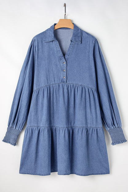 Dusk Blue Smocked Cuff Buttoned Tiered Denim Mini Dress