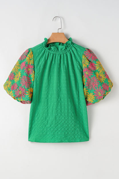 Bright Green Floral Puff Short Sleeve Ruffled Collar Button Back Top