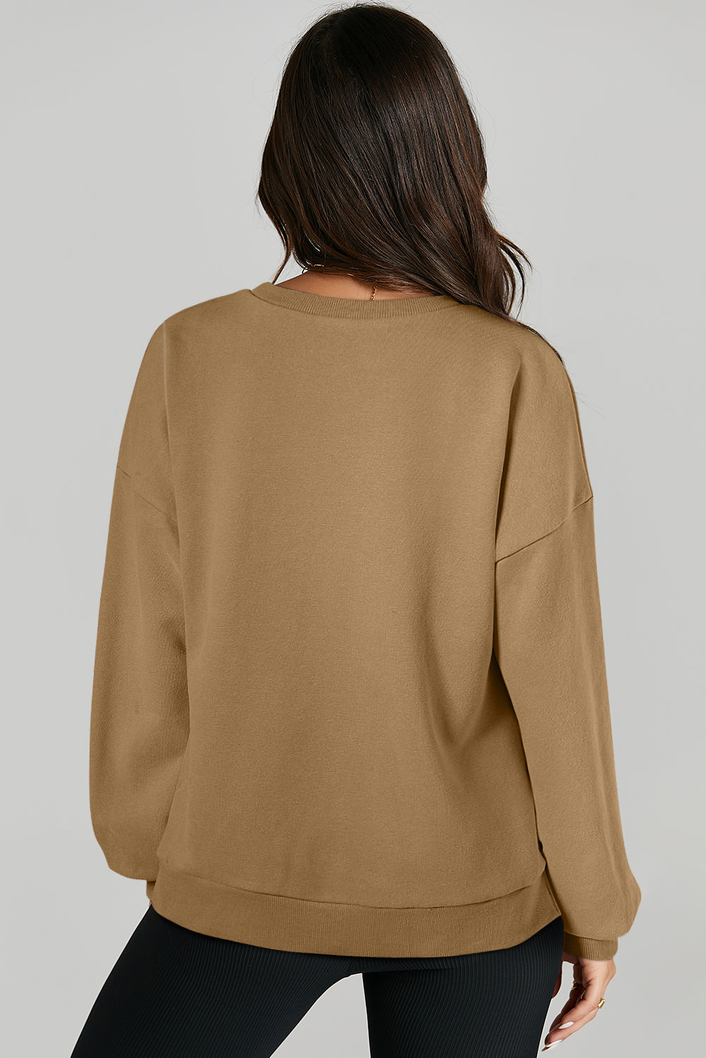 Brown Solid O Neck High Low Hem Pullover Sweatshirt