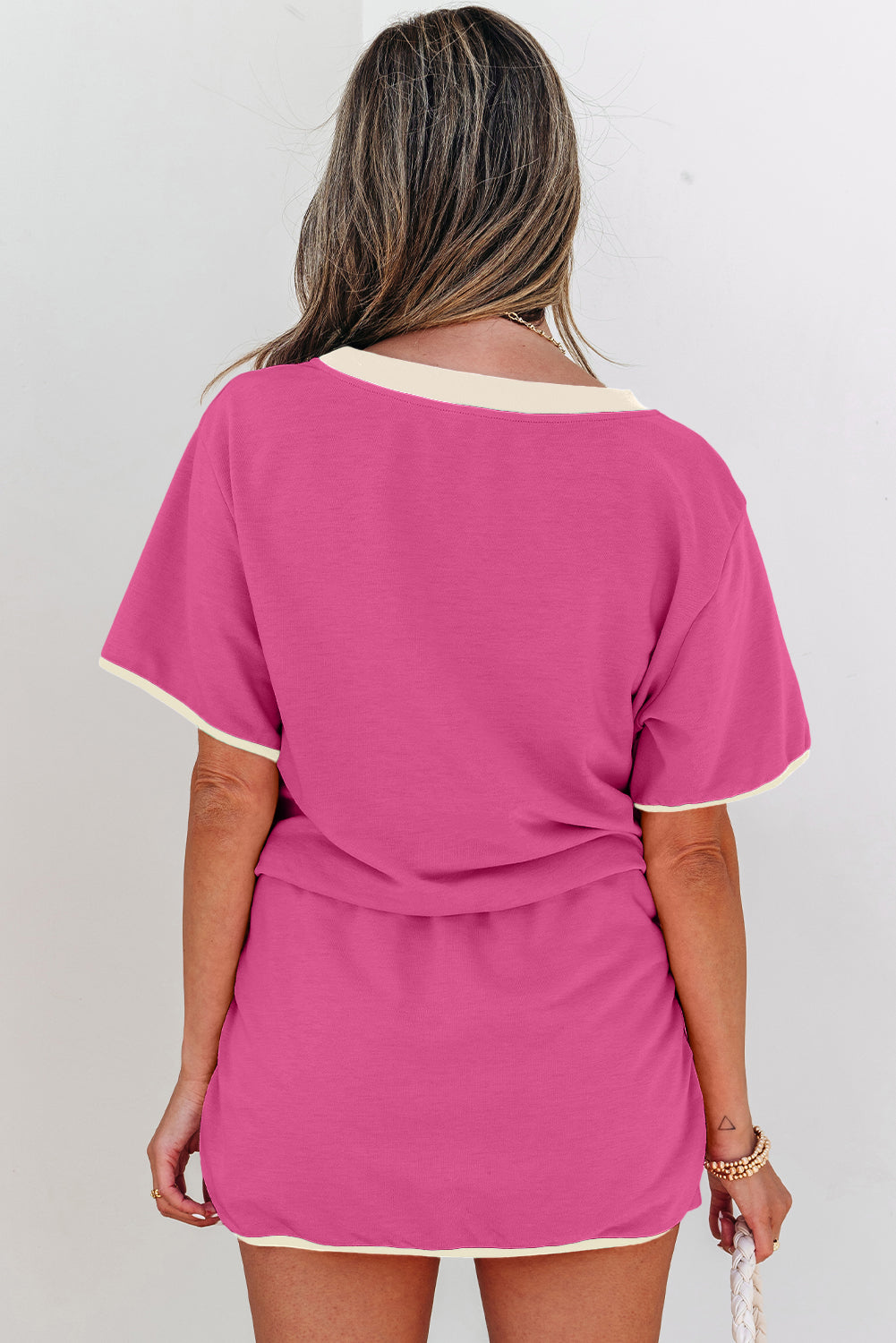 Rose Red Color block Edge Drop Shoulder T Shirt and Skirt 2Pcs Set