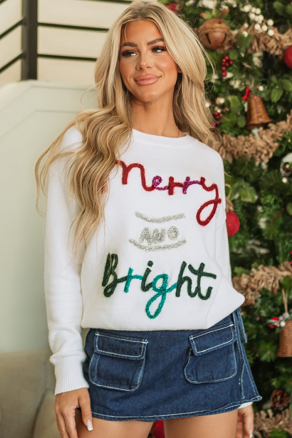 White Tinsel Merry and Bright Graphic Christmas Sweater