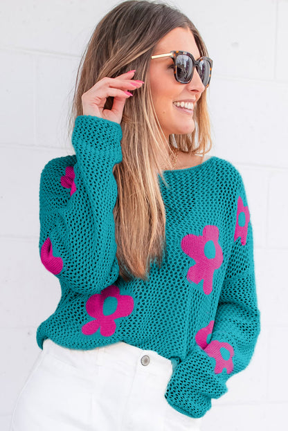 Sea Green Big Flower Hollowed Knit Drop Shoulder Sweater