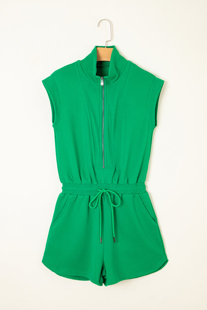 Bright Green Textured Short Sleeve Half Zip Drawstring Waist Romper