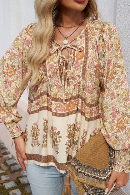 Yellow Floral Print Tie Neck Lantern Sleeve Blouse