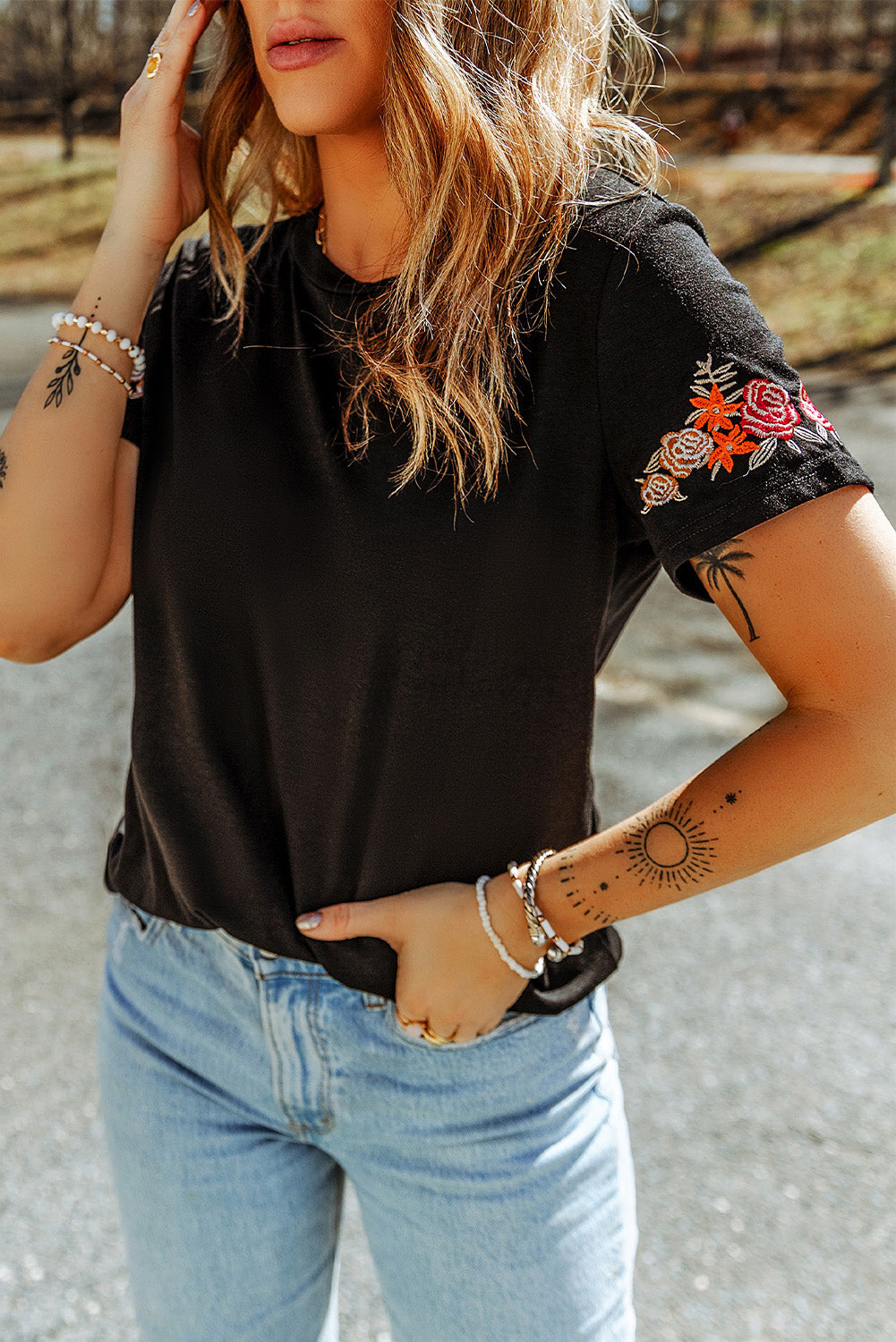 Black Floral Embroidered Round Neck Short Sleeve T Shirt