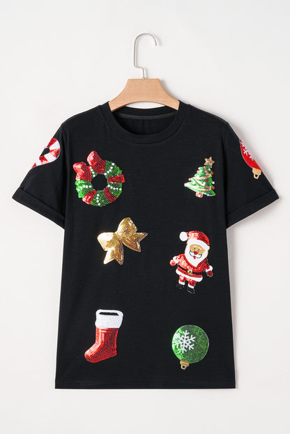 Black Sequin Christmas Essentials Graphic Crewneck T Shirt