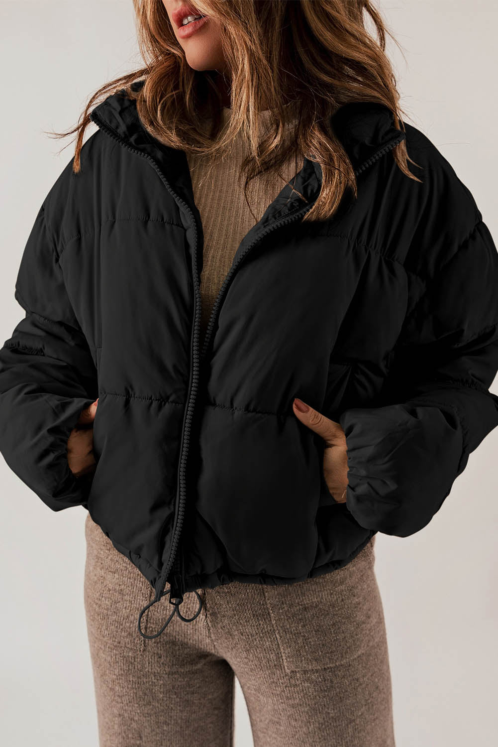 Black Zip Up Drawstring Hem Puffer Jackets