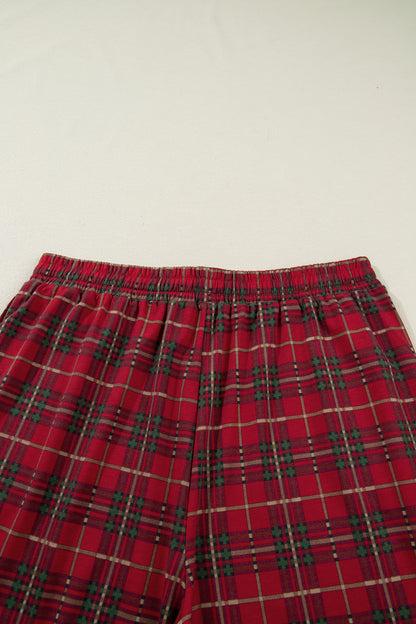 Red Plus Size Plaid Short Sleeve Shirt Loose Pants 2pcs Pajama Set