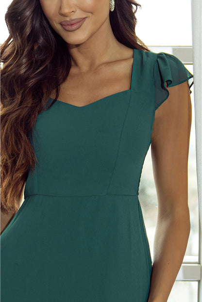 Sea Green Shirred Open Back Sweetheart Neck Ruffled Midi Dress