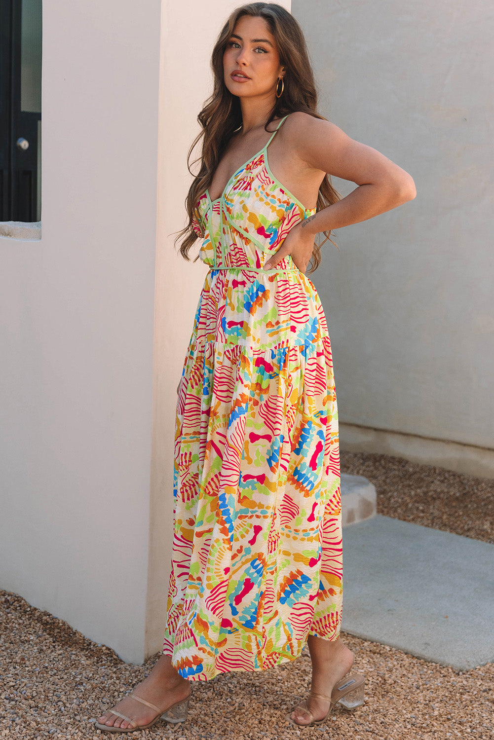 Orange Abstract Print Spaghetti Strap Piping Detail Maxi Dres