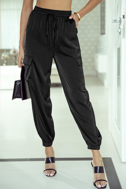 Black Satin Pocketed Drawstring Elastic Waist Pants