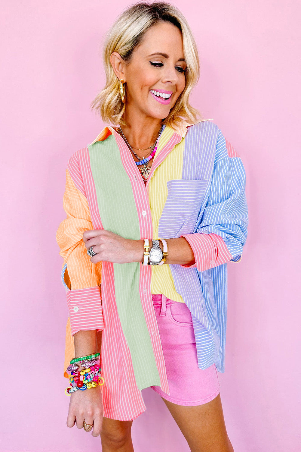 Pink Stripe Color Block Chest Pocket Oversized Shirt