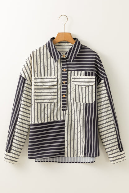 Black Stripe 2-tone Patchwork Half Buttons Chest Pockets Casual Blouse