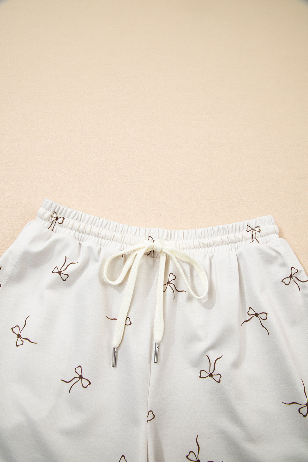 Beige Bow Print Half Zip Tank and Shorts 2pcs Set