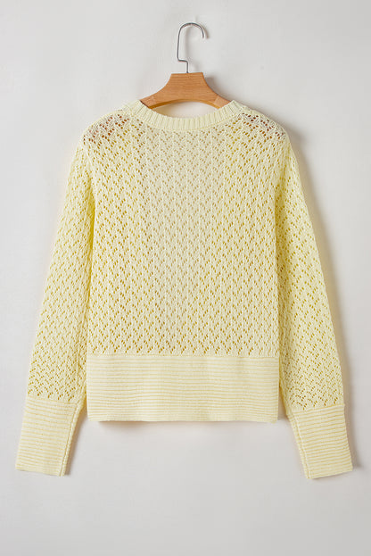 Yellow Cream Pointelle Knit Open Front Short Cardigan