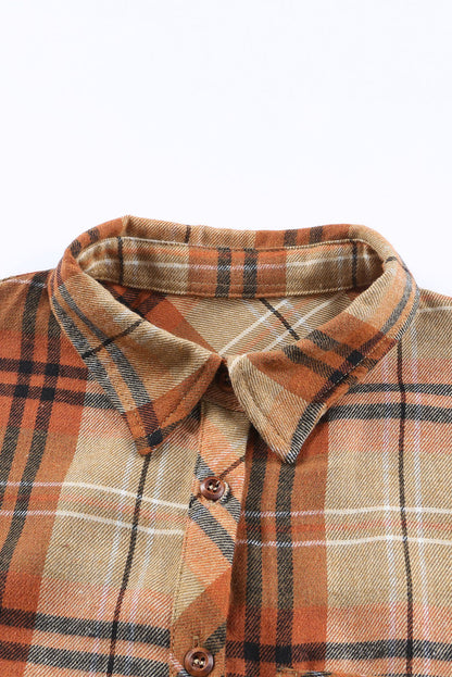 Orange Plaid Pocket Buttoned Long Sleeve Shirt