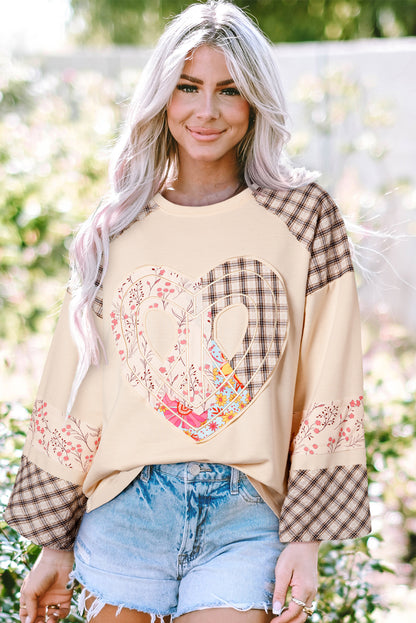 Beige Plaid Floral Peace Heart Graphic Wide Long Sleeve Top