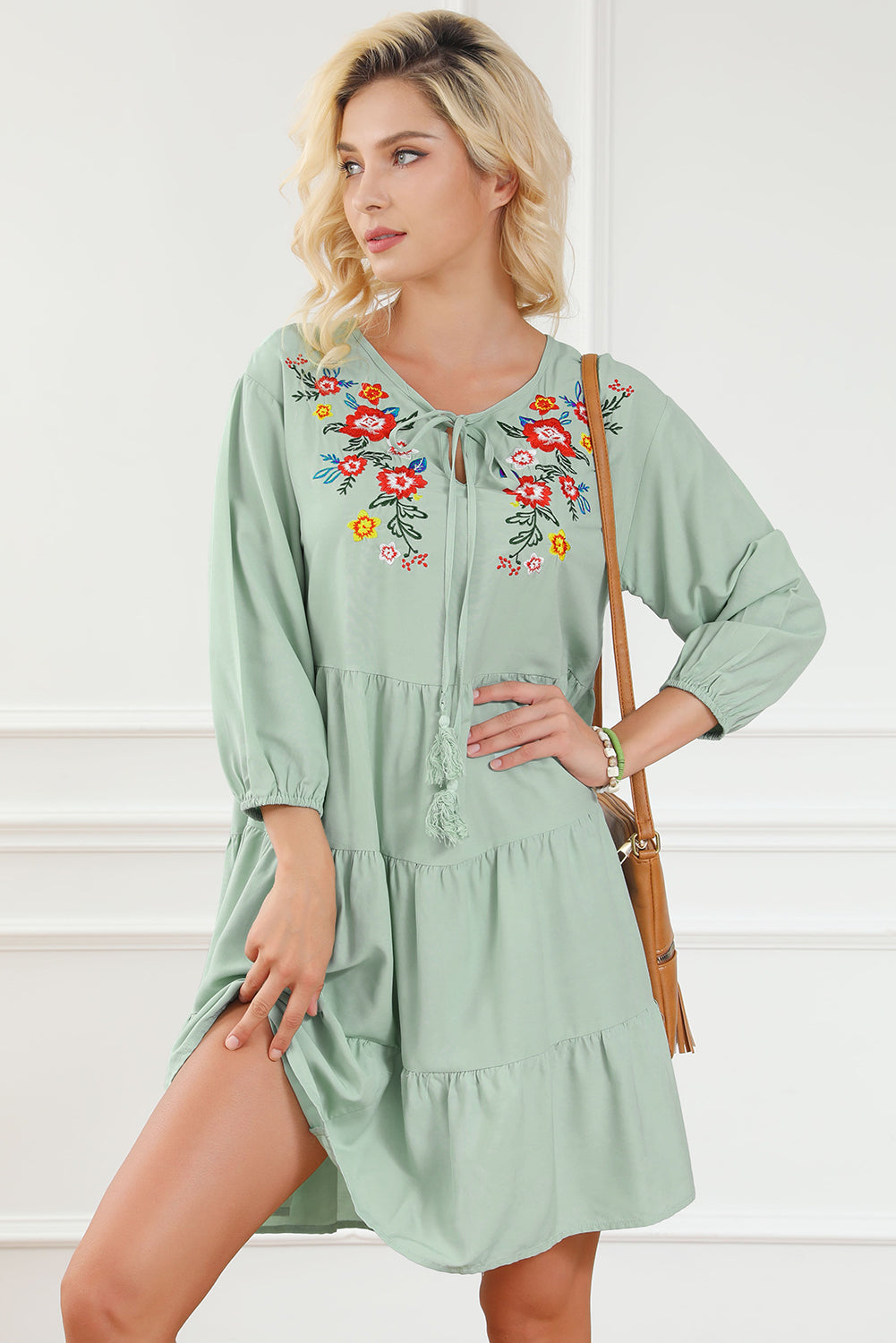 Green Floral Embroidery Tiered Ruffle Hem Dress