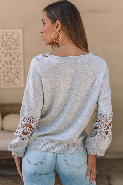 Gray Hollowed Lace Splicing V Neck Loose Sweater