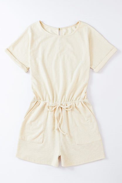 Beige Ribbed Elastic Waist Romper