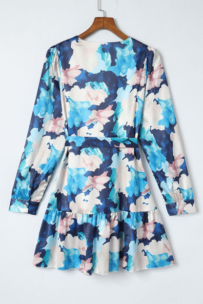 Blue Abstract Floral Long Sleeve Tied Ruffle Dress