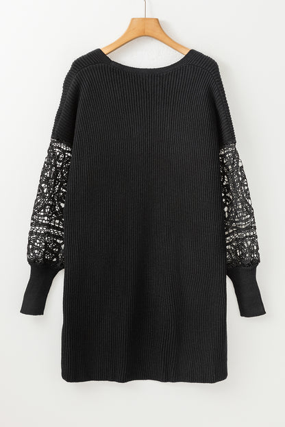 Black Crochet Lace Sleeve Ribbed Knit Cardigan