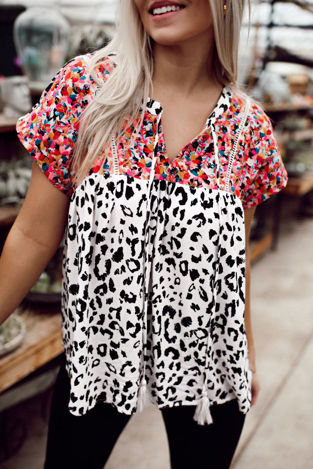 Leopard Mix Print Tassel Tie Blouse