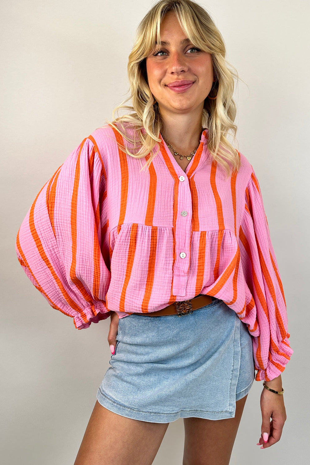 Orange Stripe Crinckled Ruffled Sleeve Button up Loose Shirt