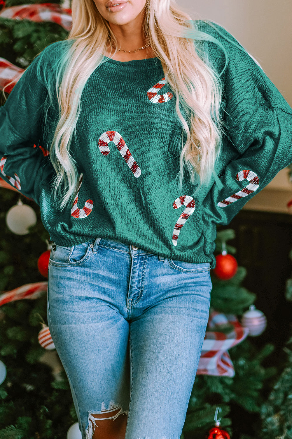 Green Sequined Candy Canes Gingerbread Man Sweater