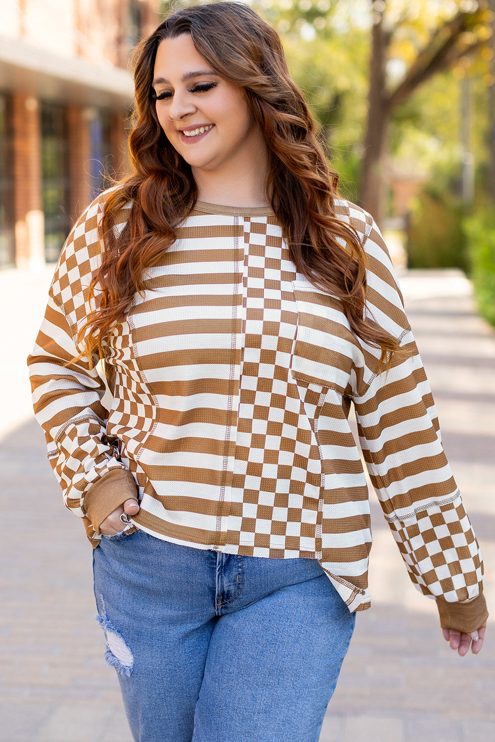 Khaki Striped Checkered Mixed Print Chest Pocket Casual Plus Size Top