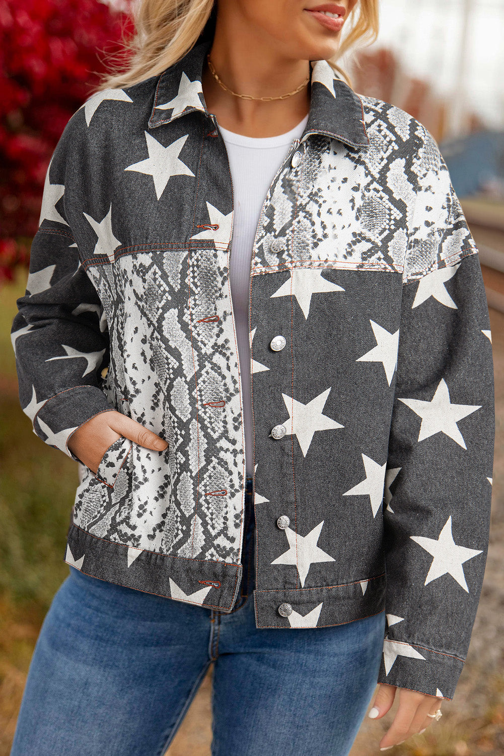 Black Star Snakeskin Printed Patchwork Denim Jacket