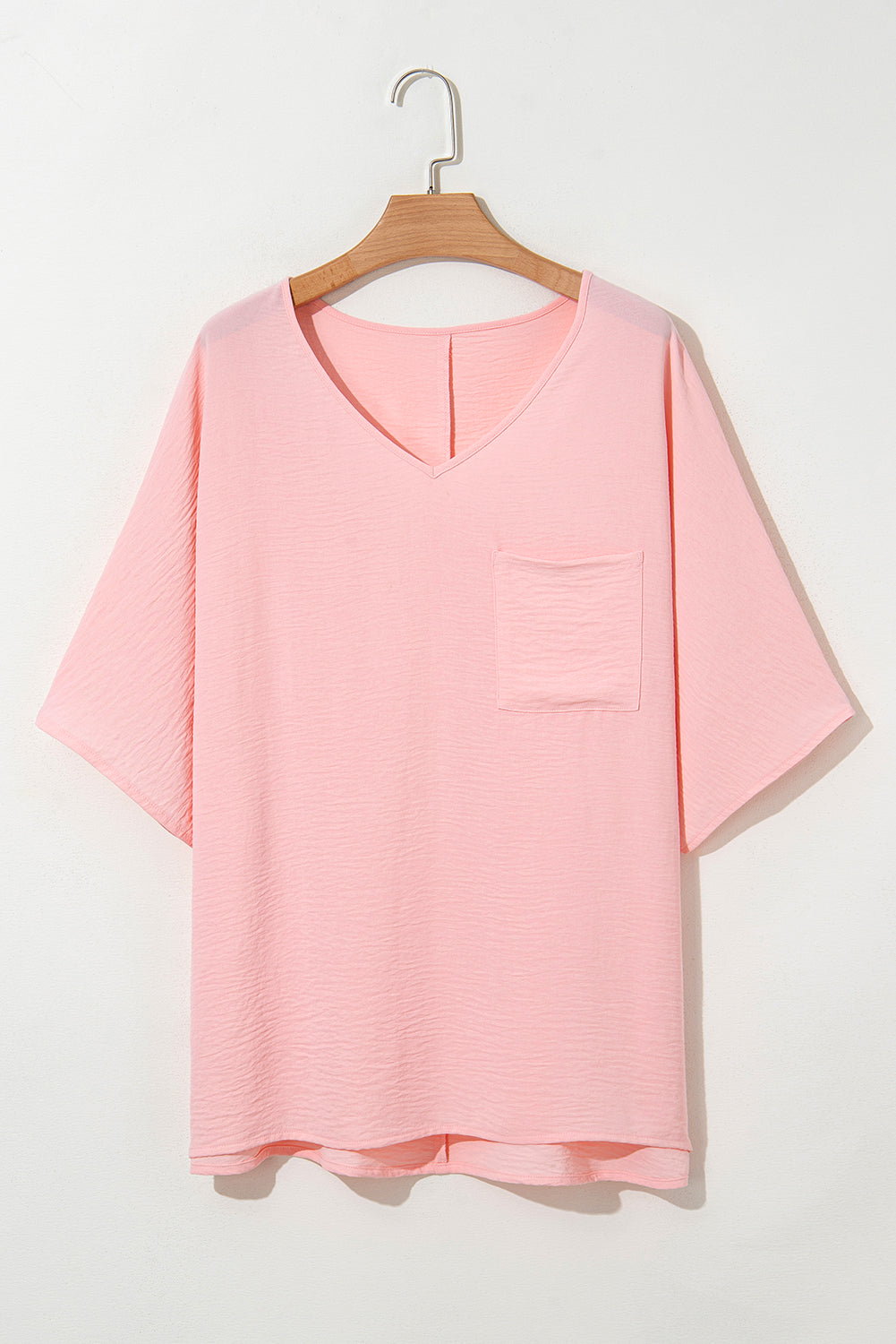 Pink Textured Half Sleeve V Neck Plus Size T Shirt with Chest Pocket
