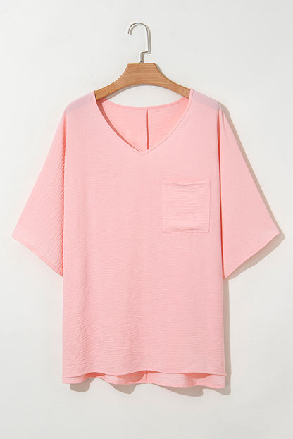 Pink Textured Half Sleeve V Neck Plus Size T Shirt with Chest Pocket