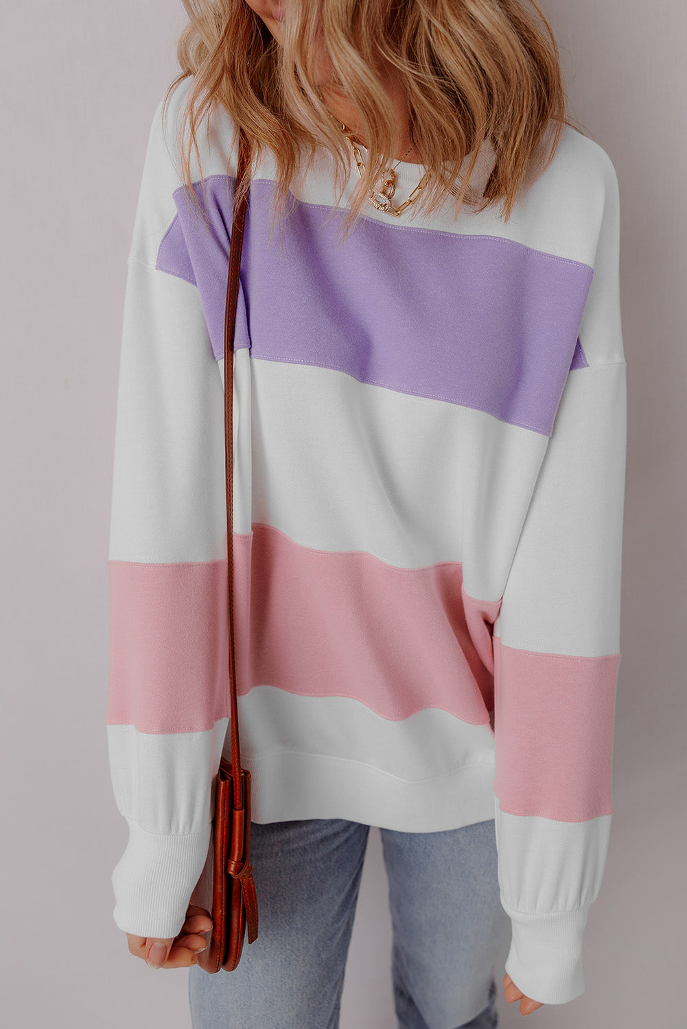 Beige Colorblock Patchwork Drop Shoulder Crewneck Sweatshirt