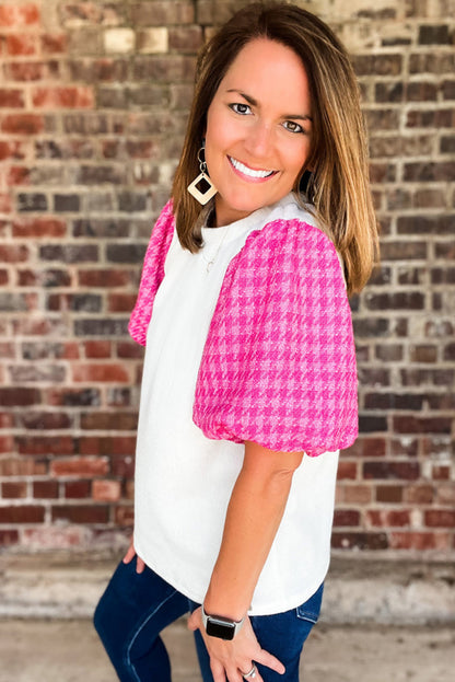 White Contrast Tweed Puff Sleeve Top