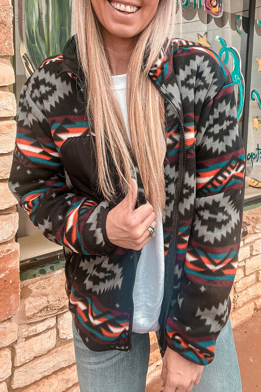 Black Aztec Printed Zip Up Collar Jacket